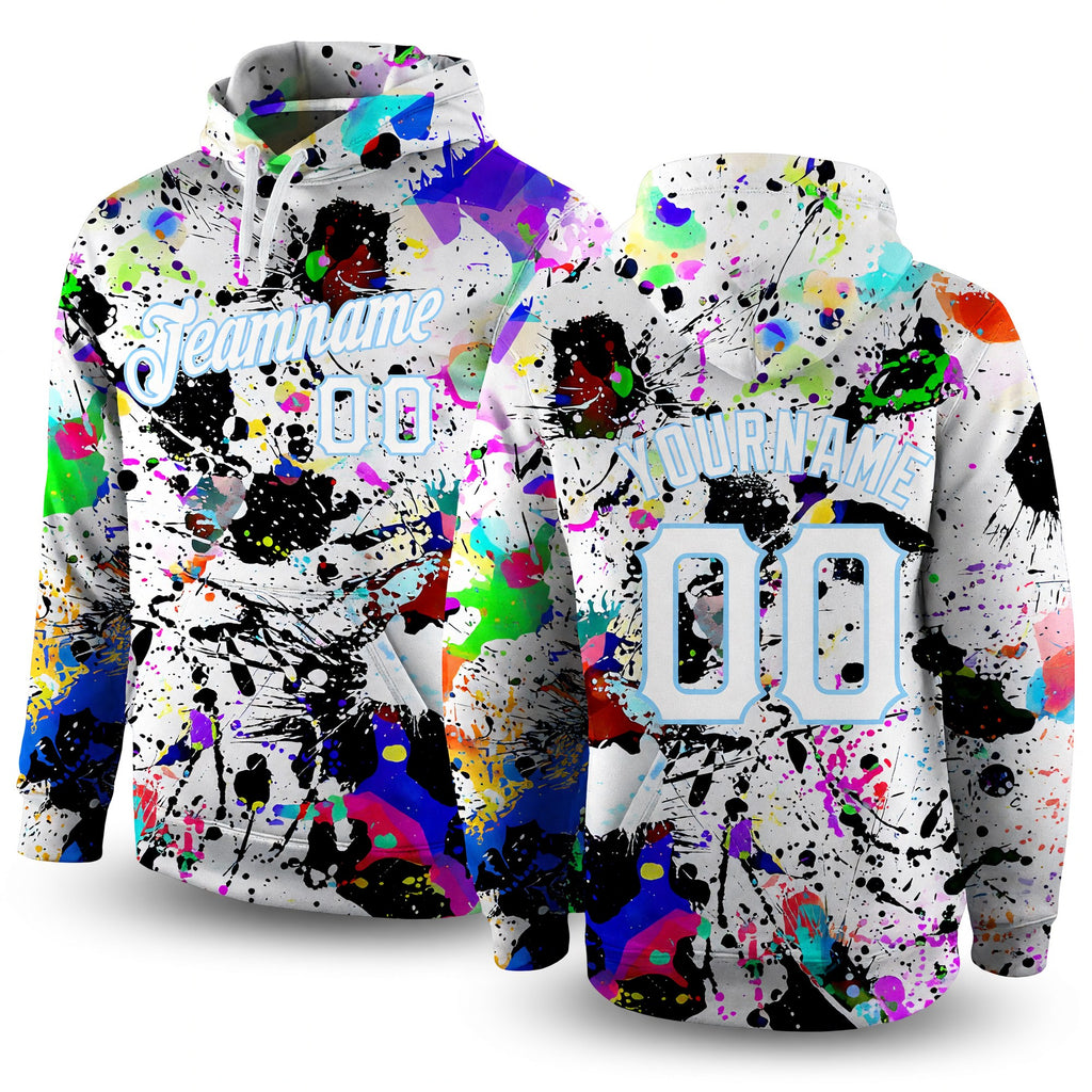Custom Stitched Splashes Graffiti Pattern White-Light Blue 3D Sports Pullover Sweatshirt Hoodie