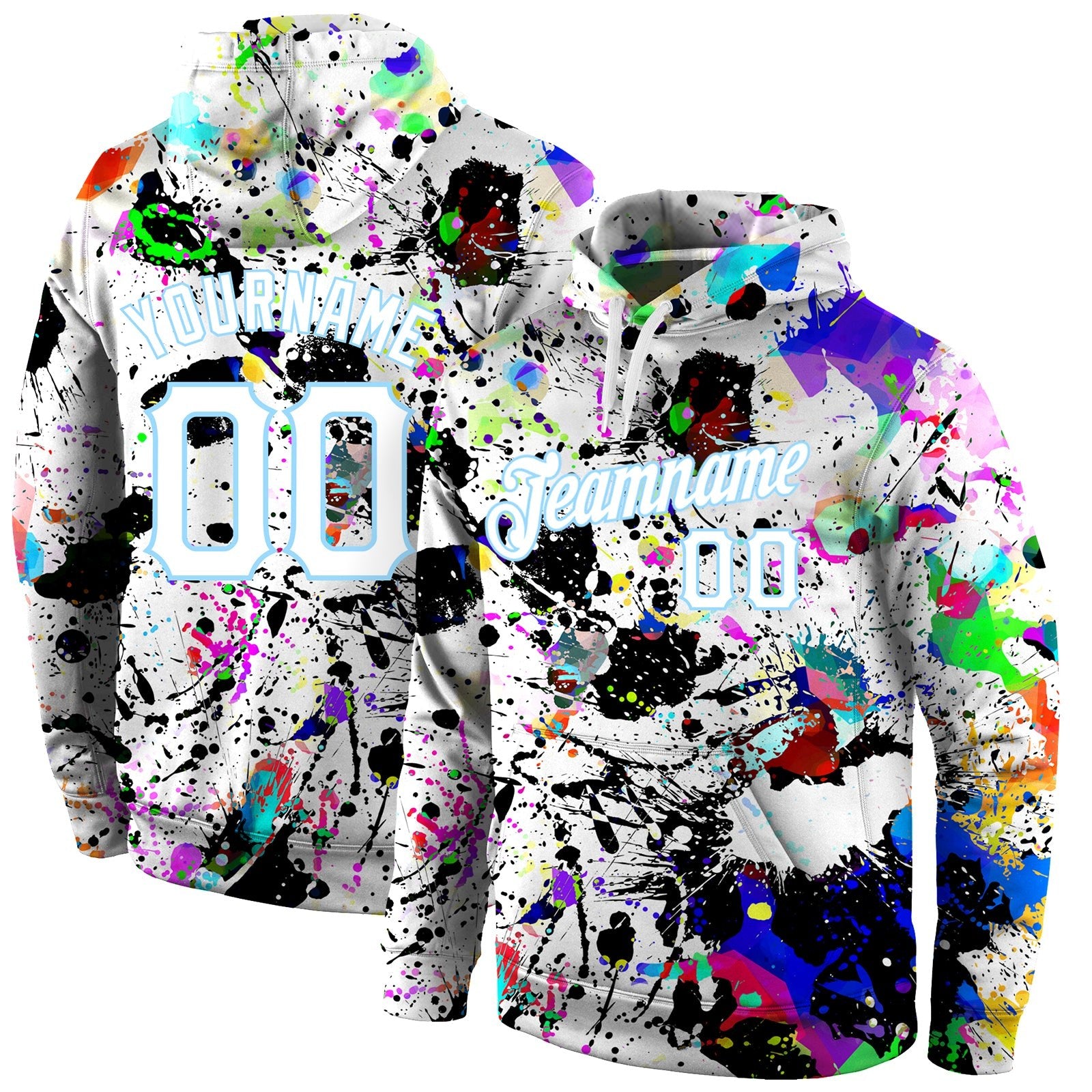 Custom Stitched Splashes Graffiti Pattern White-Light Blue 3D Sports Pullover Sweatshirt Hoodie photo 1
