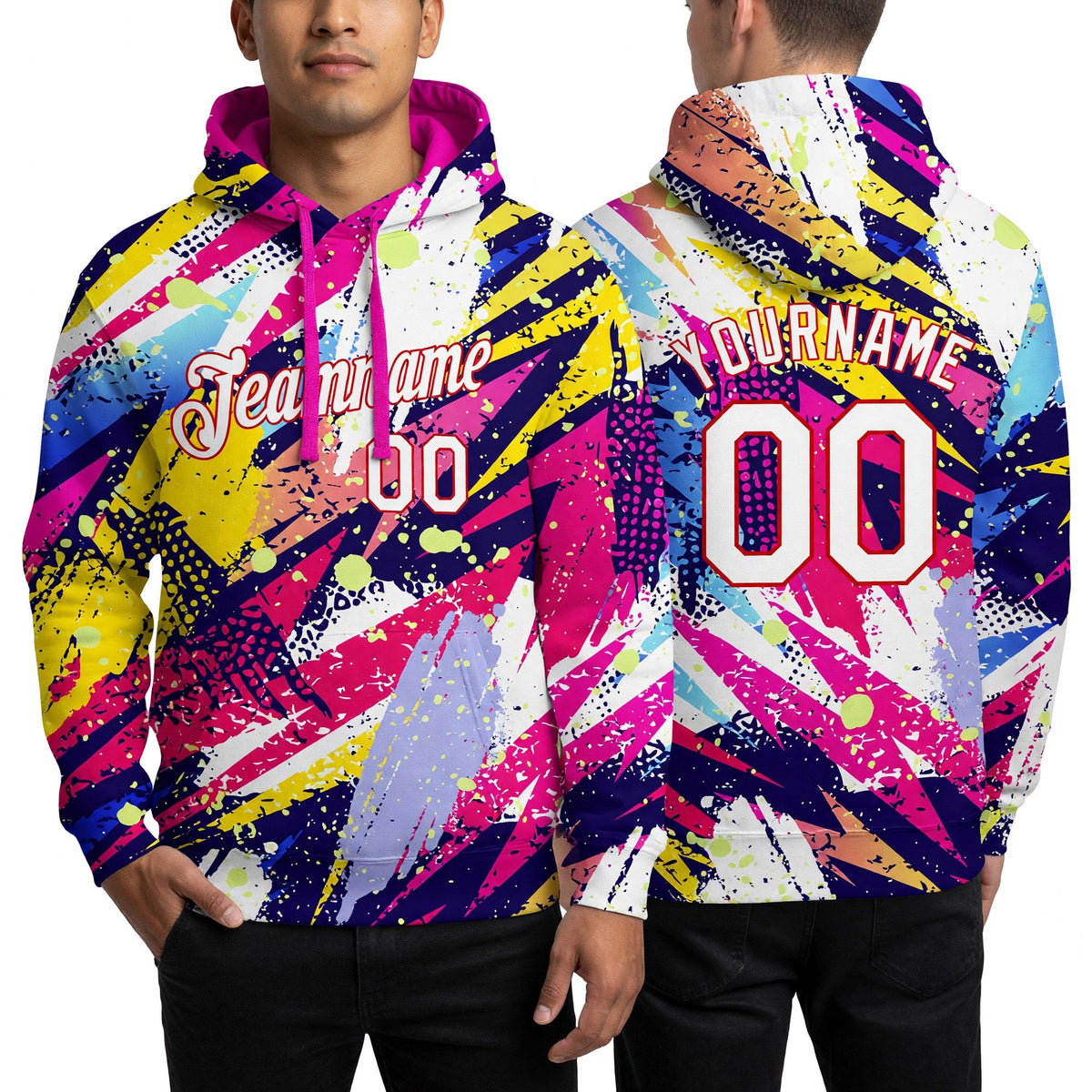 Custom Stitched Graffiti Pattern White-Red 3D Sports Pullover Sweatshirt Hoodie worn front and back