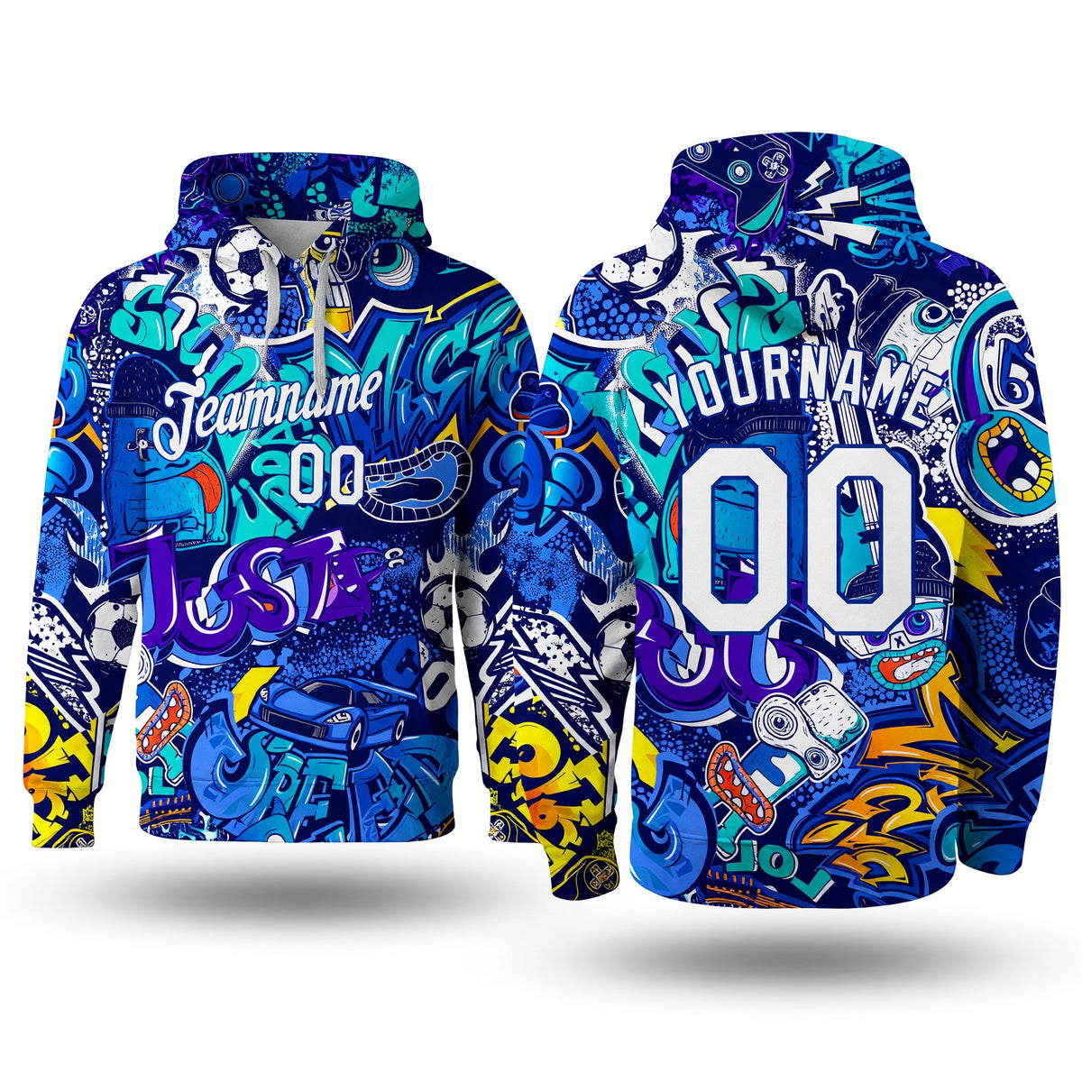 Custom Stitched Graffiti Pattern White-Royal 3D Sports Pullover Sweatshirt Hoodie