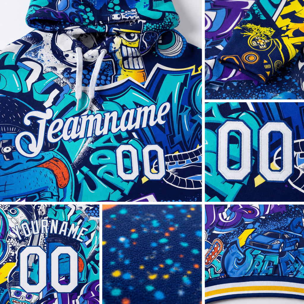 Custom Stitched Graffiti Pattern White-Royal 3D Sports Pullover Sweatshirt Hoodie detail