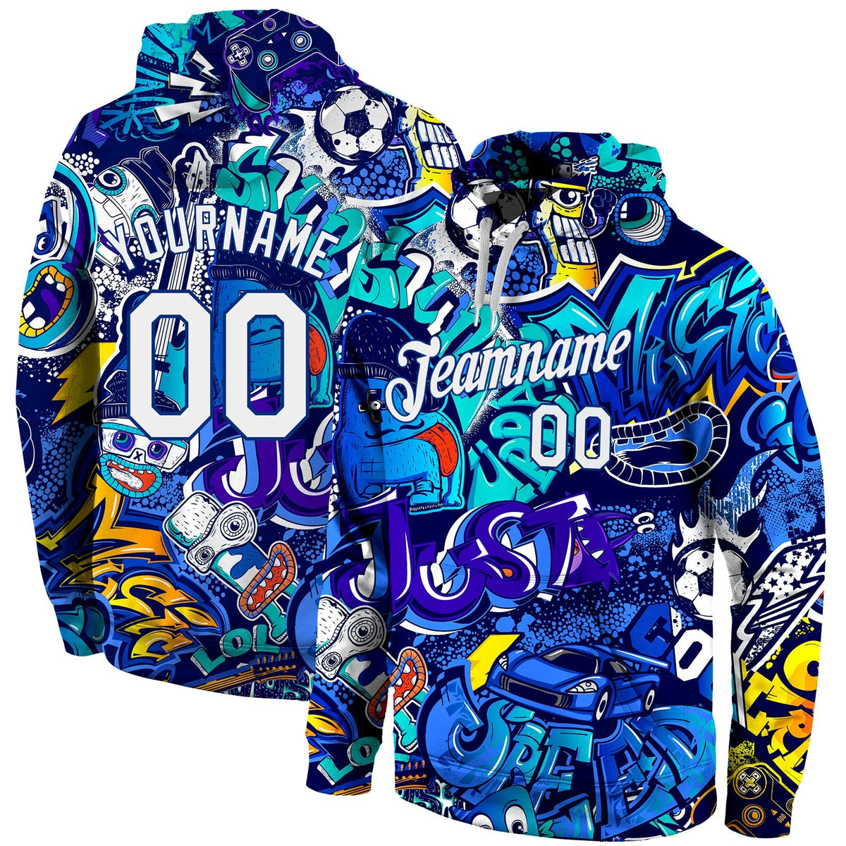Custom Stitched Graffiti Pattern White-Royal 3D Sports Pullover Sweatshirt Hoodie photo 1