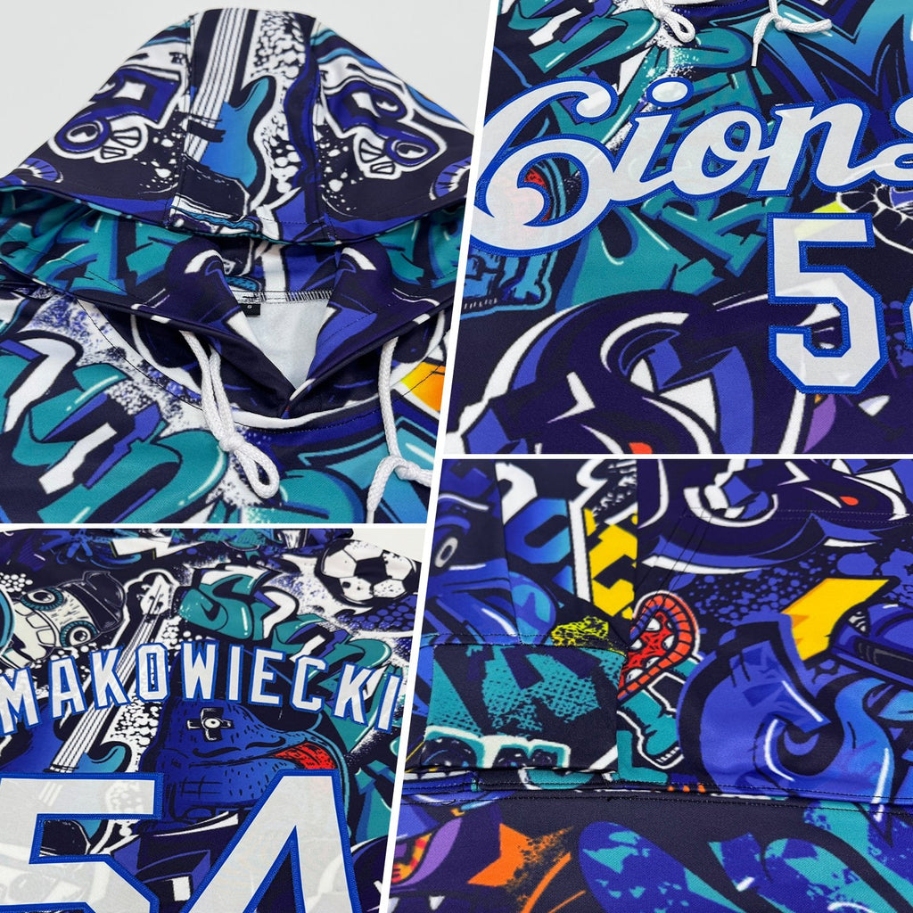 Custom Stitched Graffiti Pattern White-Royal 3D Sports Pullover Sweatshirt Hoodie photo 2