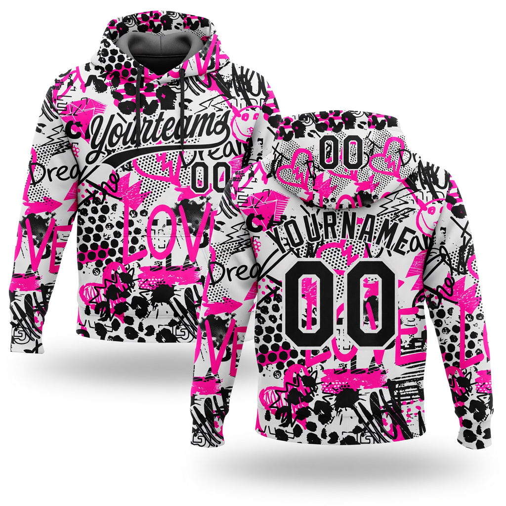 Custom Stitched Graffiti Pattern White-Black 3D Sports Pullover Sweatshirt Hoodie