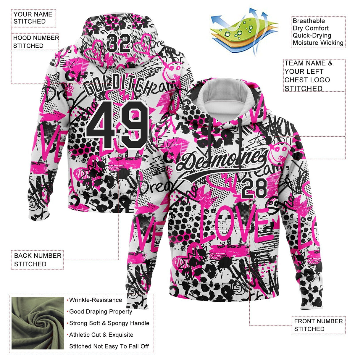Custom Stitched Graffiti Pattern White-Black 3D Sports Pullover Sweatshirt Hoodie photo 2
