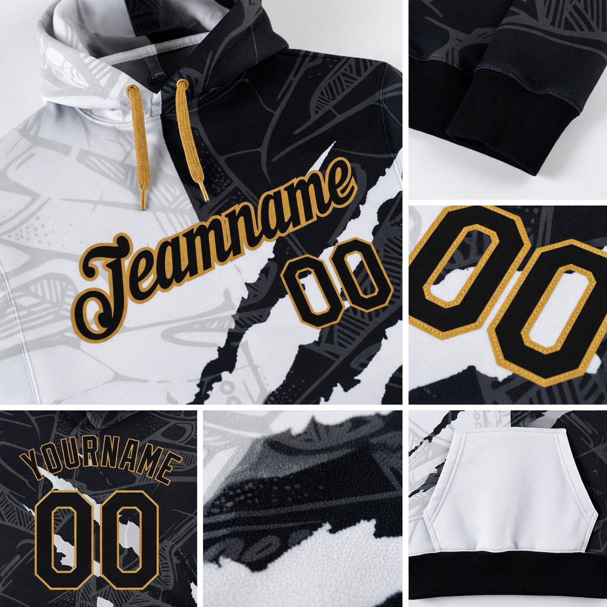 Custom Stitched Graffiti Pattern Black-Old Gold 3D Sports Pullover Sweatshirt Hoodie detail