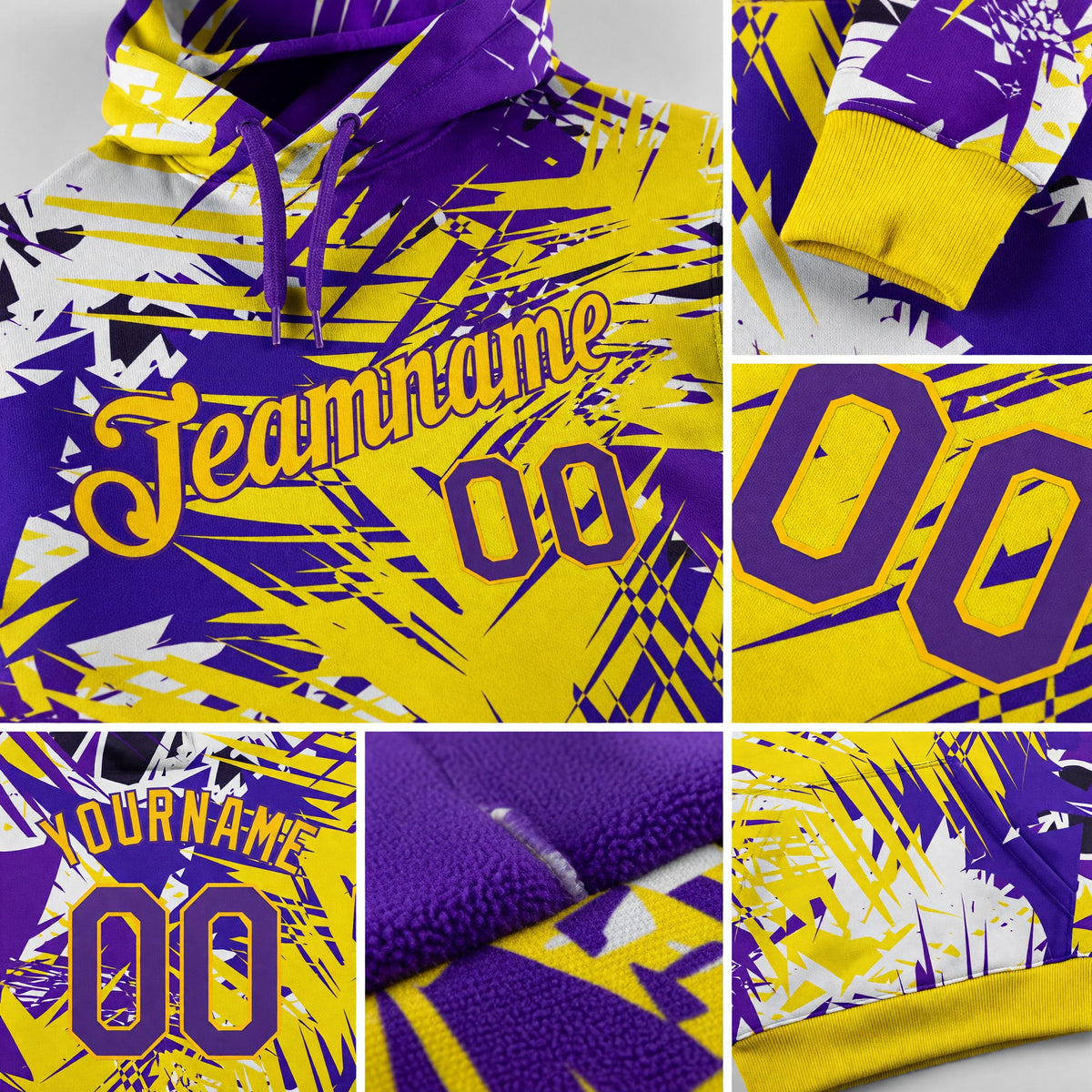 Custom Stitched Graffiti Pattern Purple-Gold 3D Sports Pullover Sweatshirt Hoodie detail