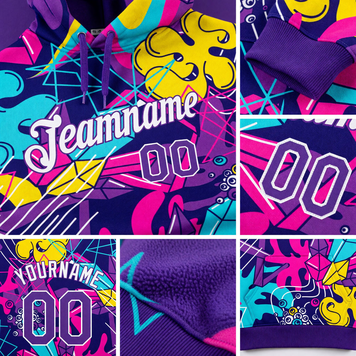 Custom Stitched Graffiti Pattern Purple-White 3D Sports Pullover Sweatshirt Hoodie detail