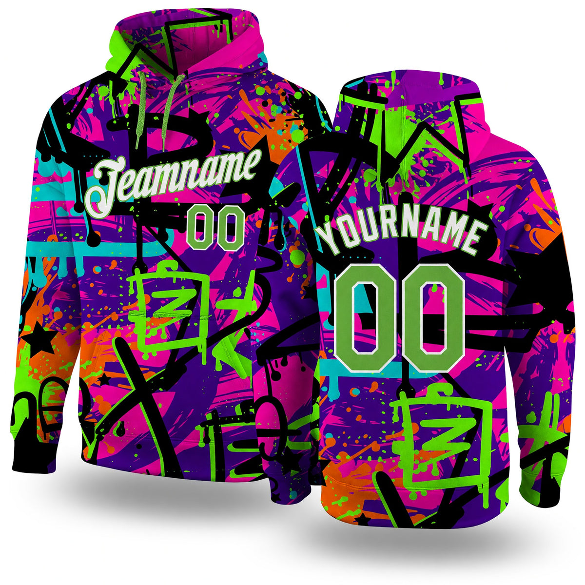 Custom Stitched Graffiti Pattern Neon Green-White 3D Sports Pullover Sweatshirt Hoodie