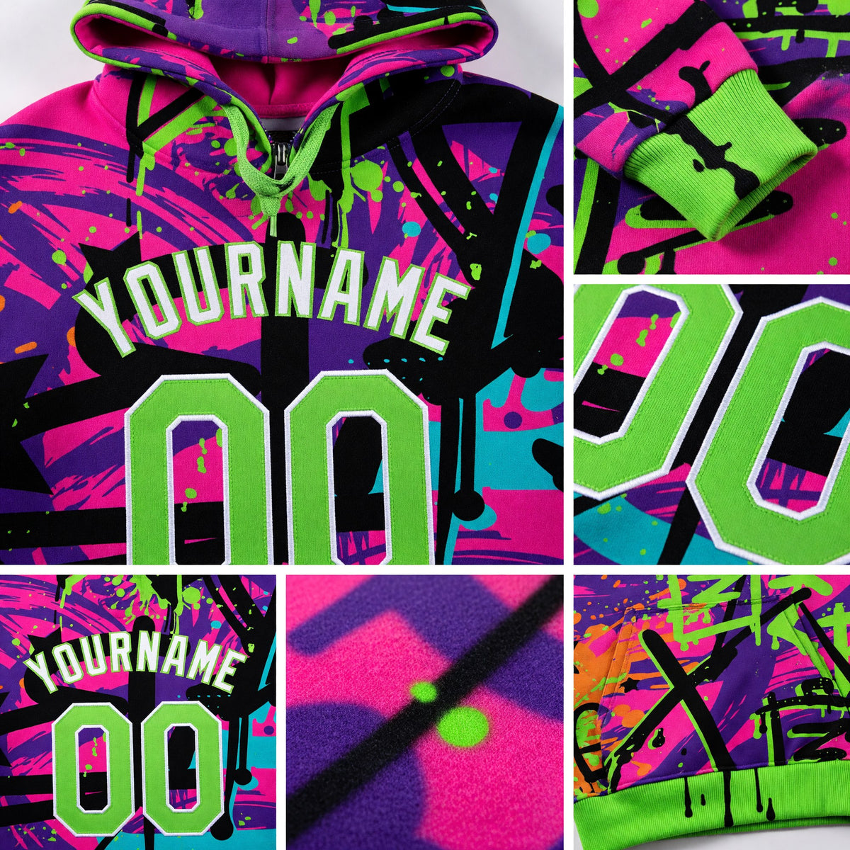 Custom Stitched Graffiti Pattern Neon Green-White 3D Sports Pullover Sweatshirt Hoodie detail