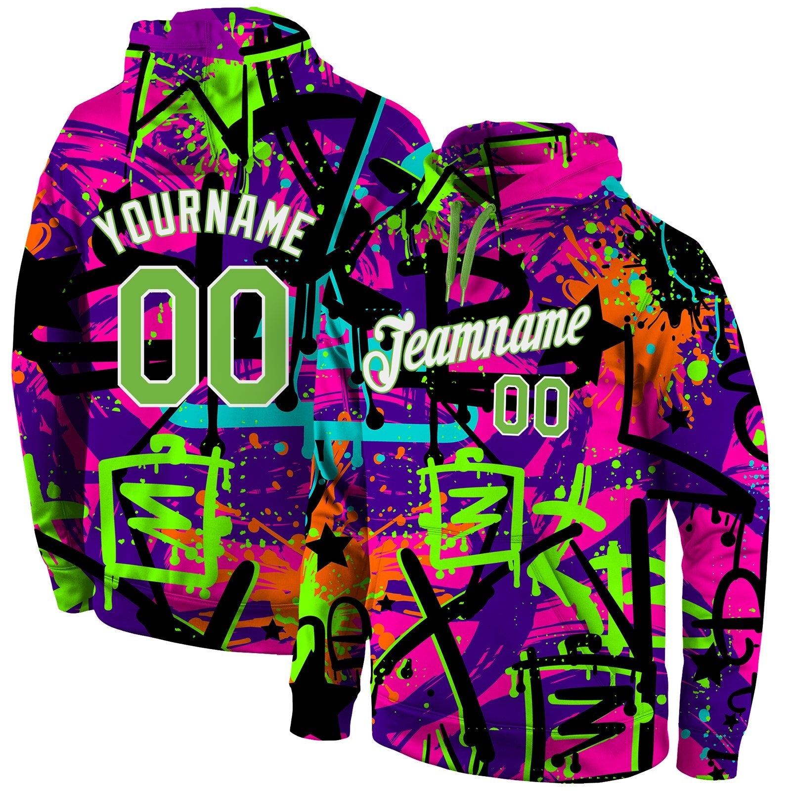 Custom Stitched Graffiti Pattern Neon Green-White 3D Sports Pullover Sweatshirt Hoodie photo 1