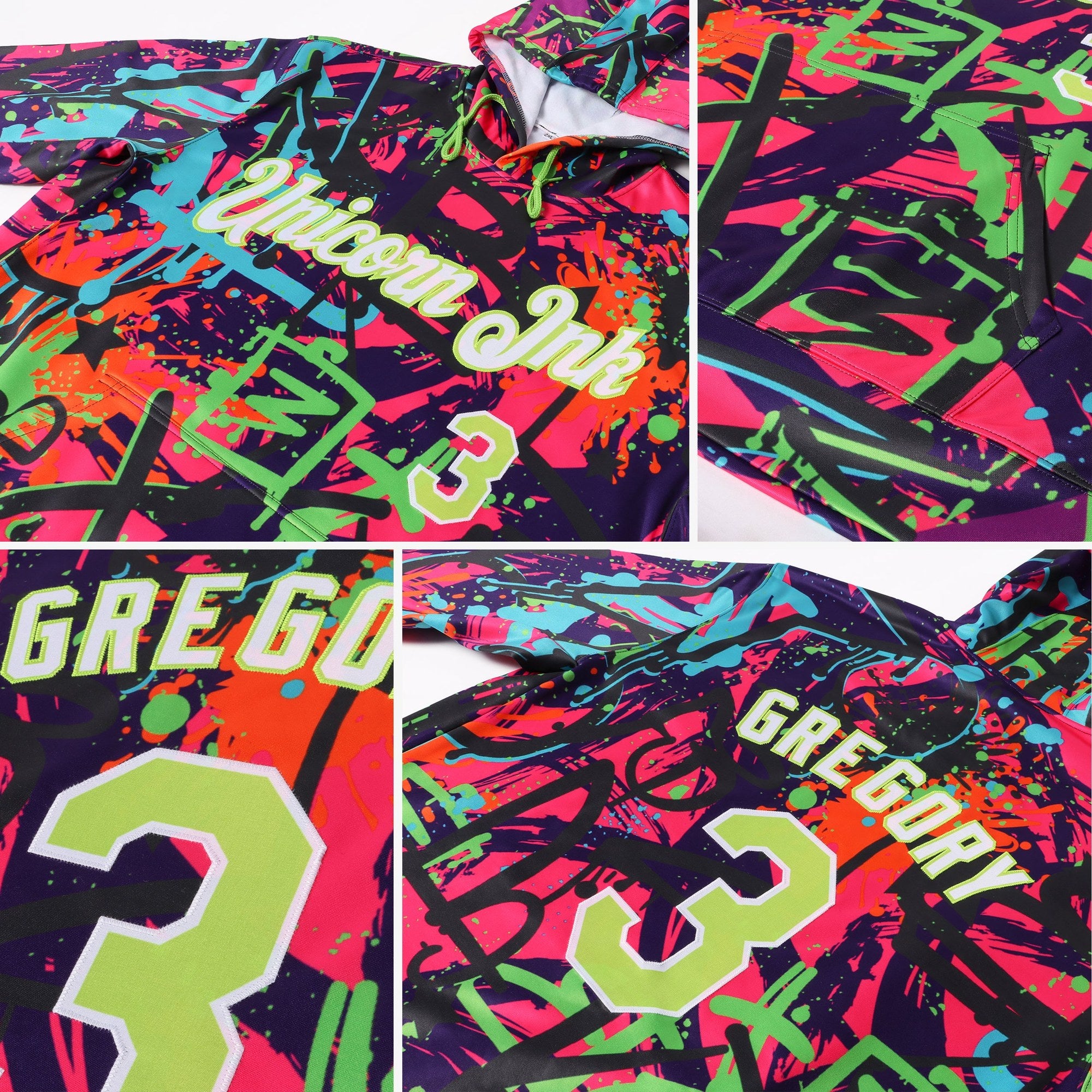Custom Stitched Graffiti Pattern Neon Green-White 3D Sports Pullover Sweatshirt Hoodie photo 2
