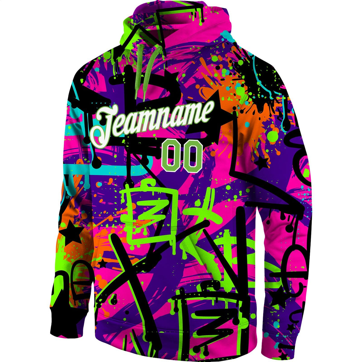 Custom Stitched Graffiti Pattern Neon Green-White 3D Sports Pullover Sweatshirt Hoodie photo 3