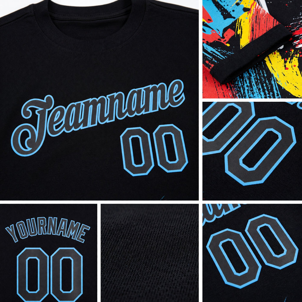Custom Graffiti Pattern Black-Light Blue 3D Performance T-Shirt detail