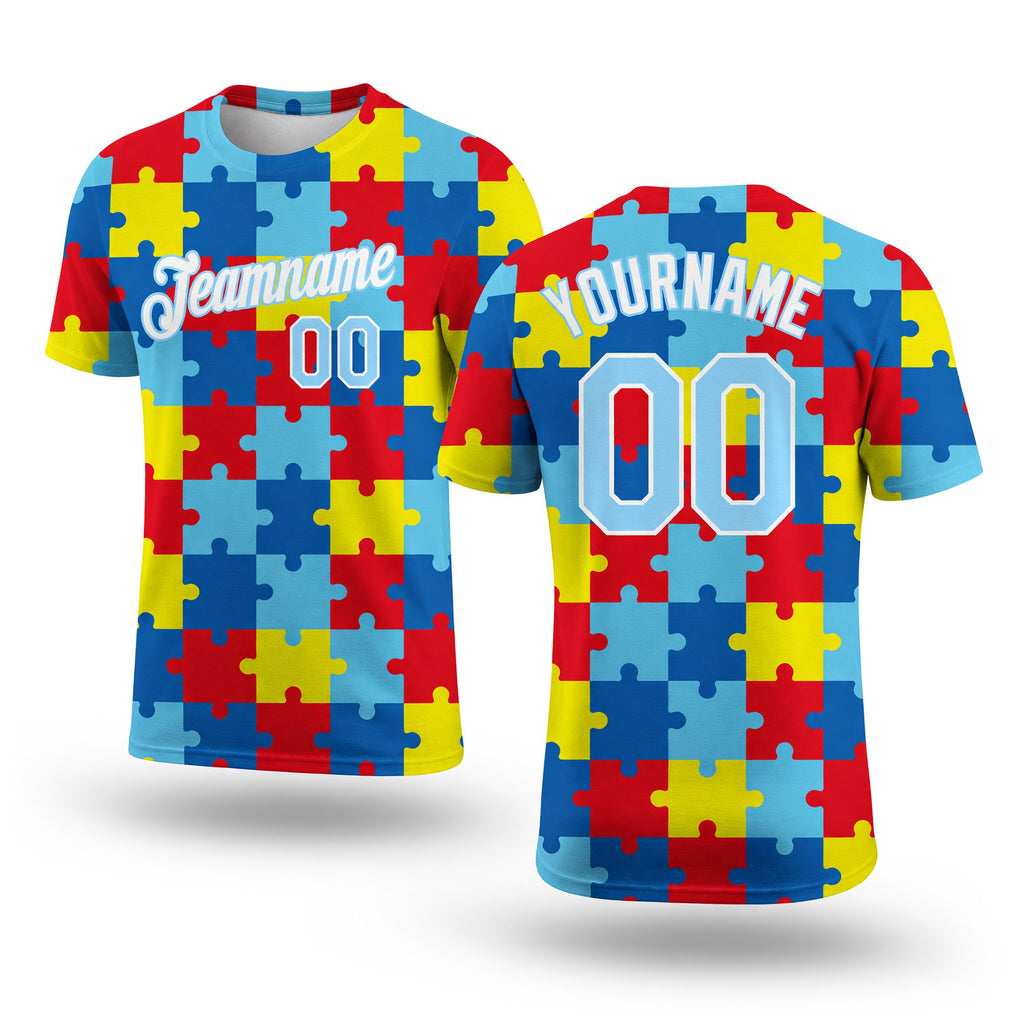 Custom Autism Supporter Awareness Puzzle Pieces Light Blue-White 3D Performance T-Shirt