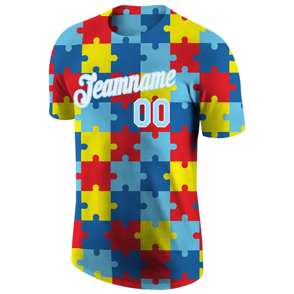 Custom Autism Supporter Awareness Puzzle Pieces Light Blue-White 3D Performance T-Shirt photo 5