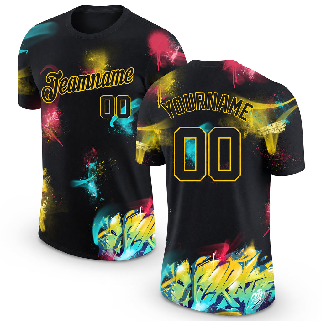 Custom Graffiti Pattern Black-Gold 3D Performance T-Shirt