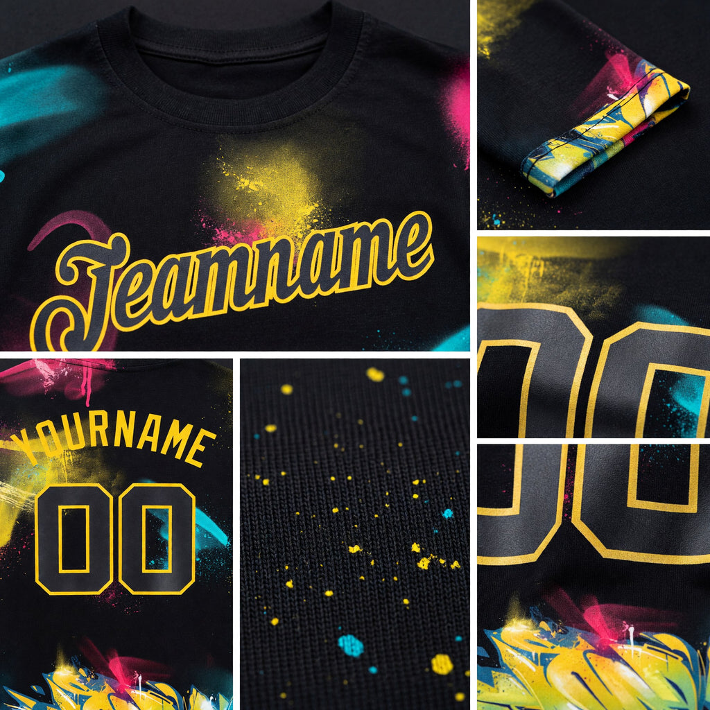 Custom Graffiti Pattern Black-Gold 3D Performance T-Shirt detail