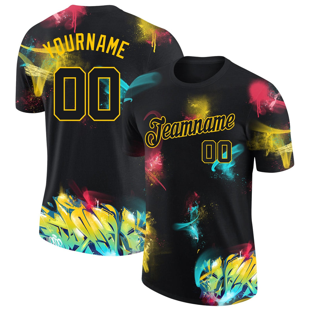 Custom Graffiti Pattern Black-Gold 3D Performance T-Shirt photo 1