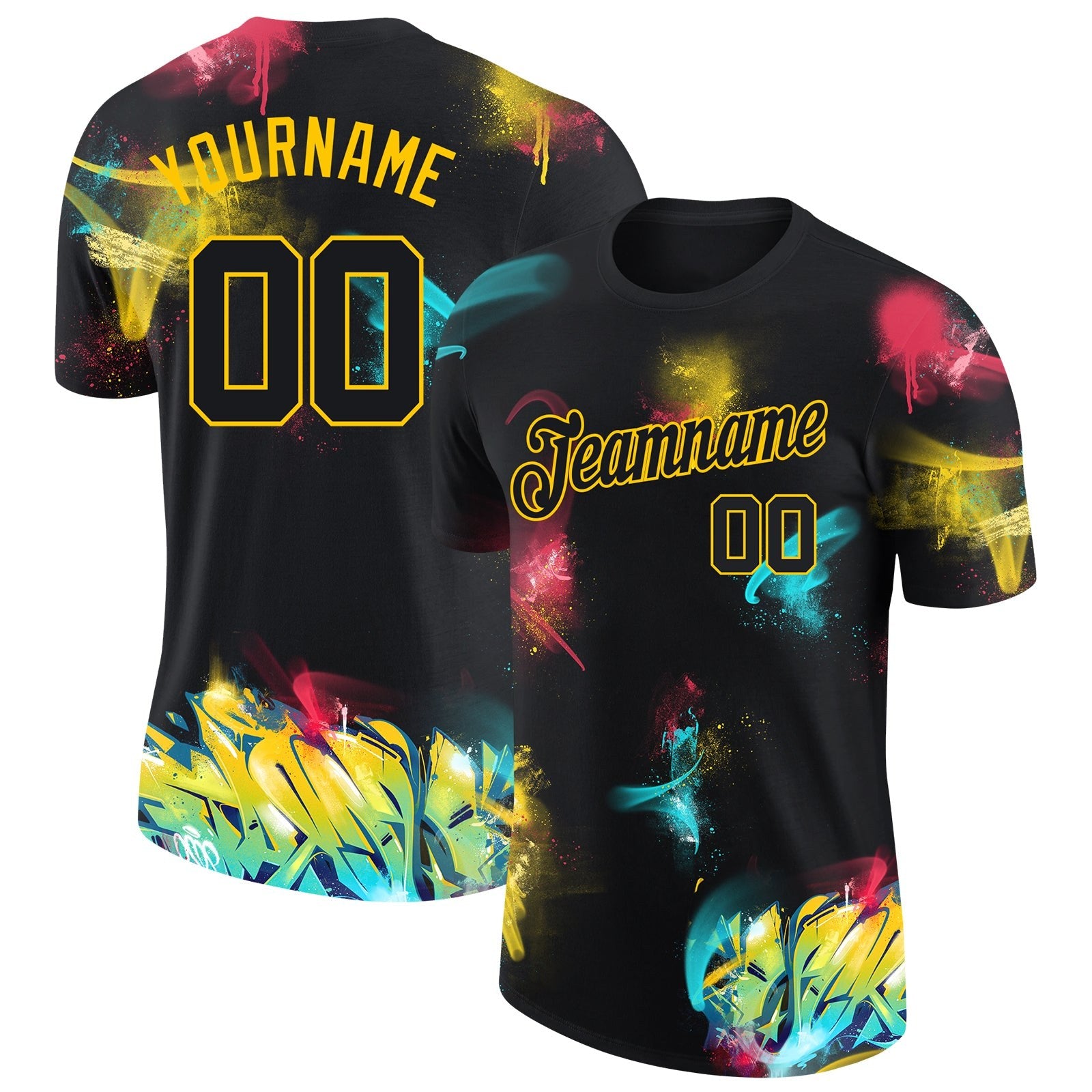 Custom Graffiti Pattern Black-Gold 3D Performance T-Shirt photo 1