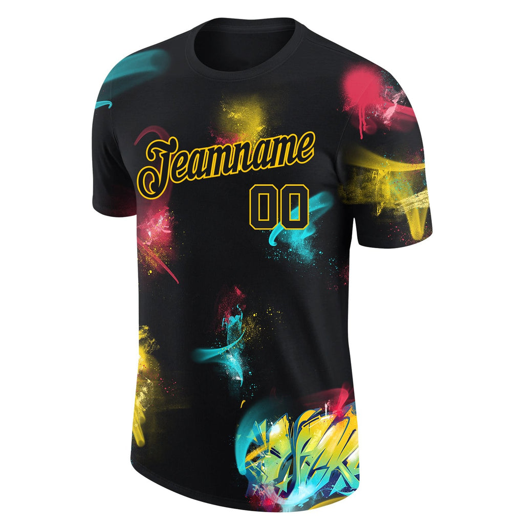 Custom Graffiti Pattern Black-Gold 3D Performance T-Shirt photo 4