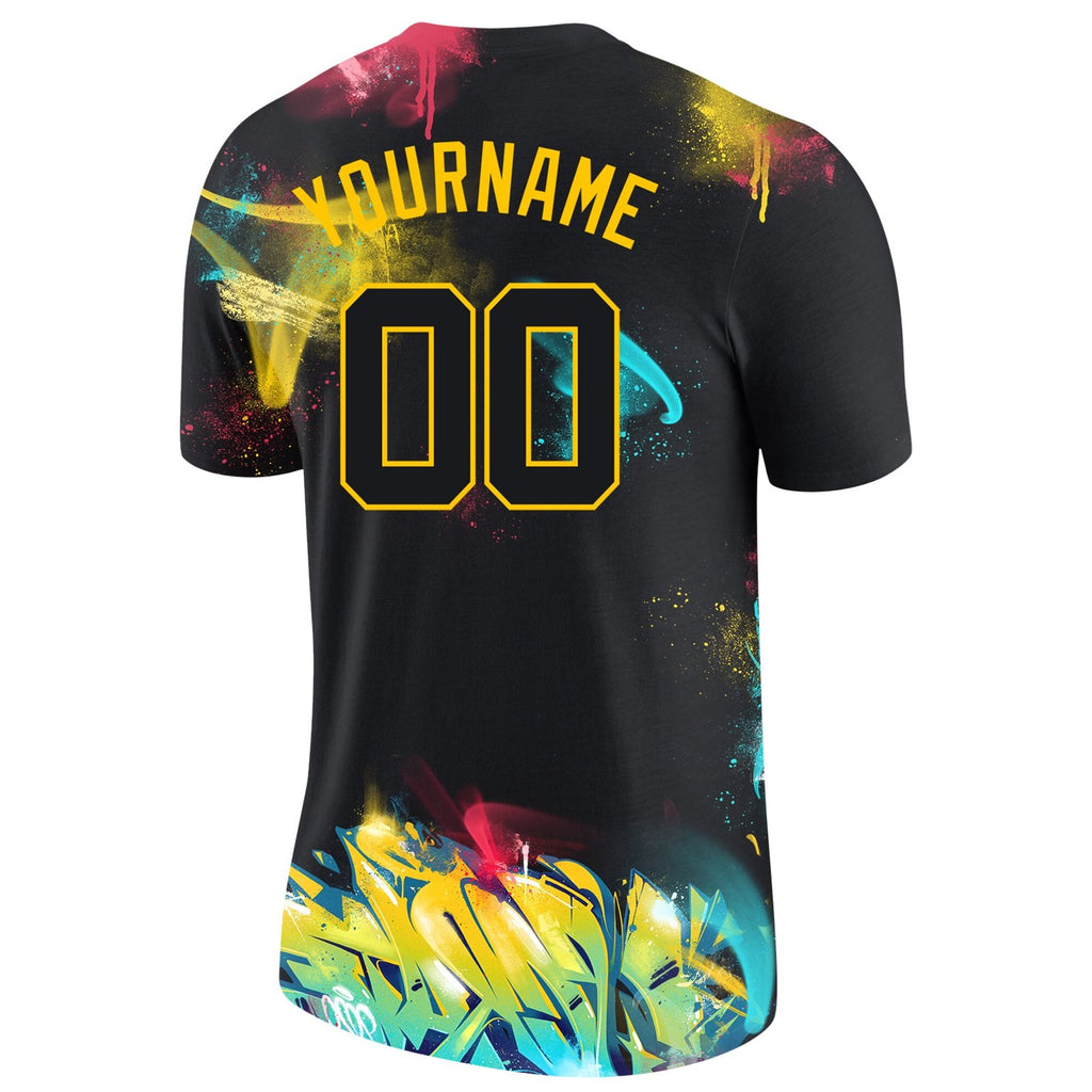 Custom Graffiti Pattern Black-Gold 3D Performance T-Shirt photo 5
