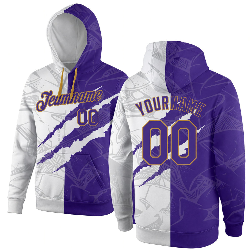 Custom Stitched Graffiti Pattern Purple-Old Gold 3D Sports Pullover Sweatshirt Hoodie