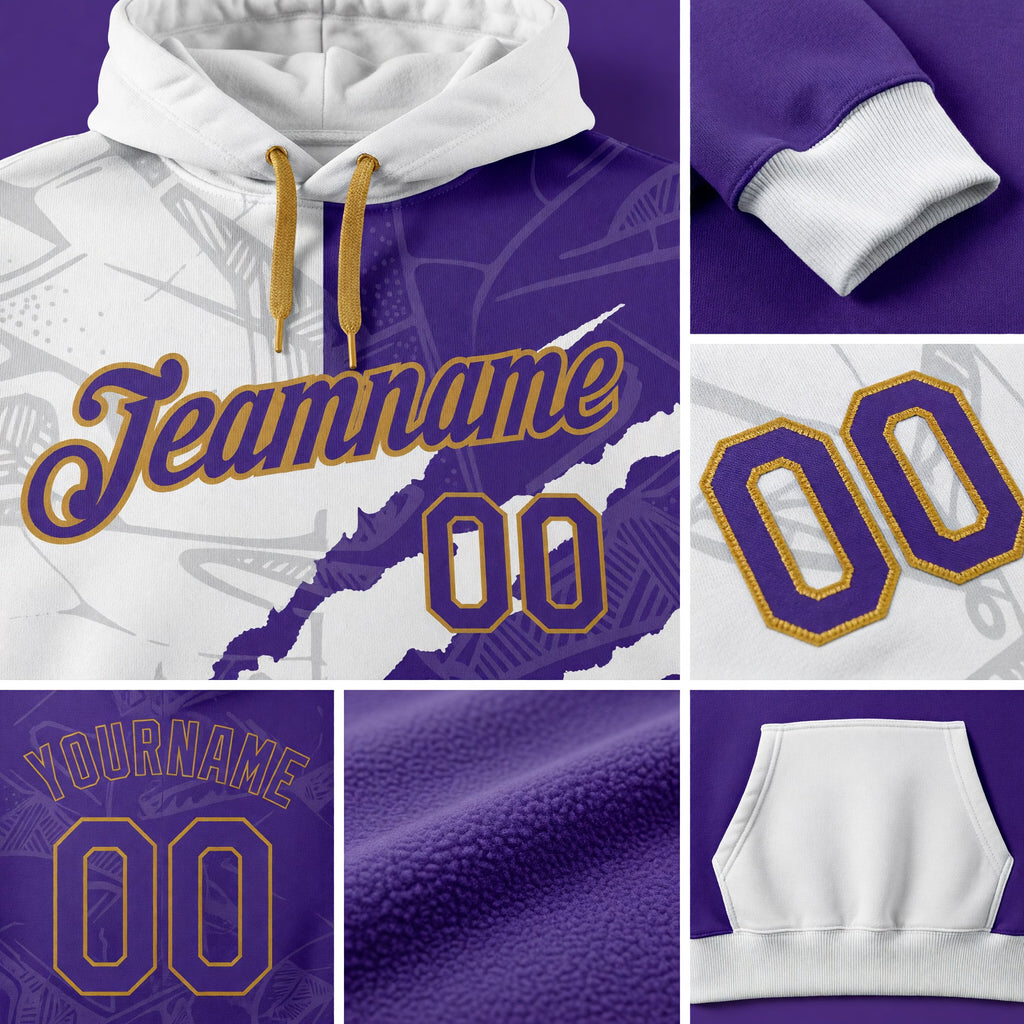 Custom Stitched Graffiti Pattern Purple-Old Gold 3D Sports Pullover Sweatshirt Hoodie detail