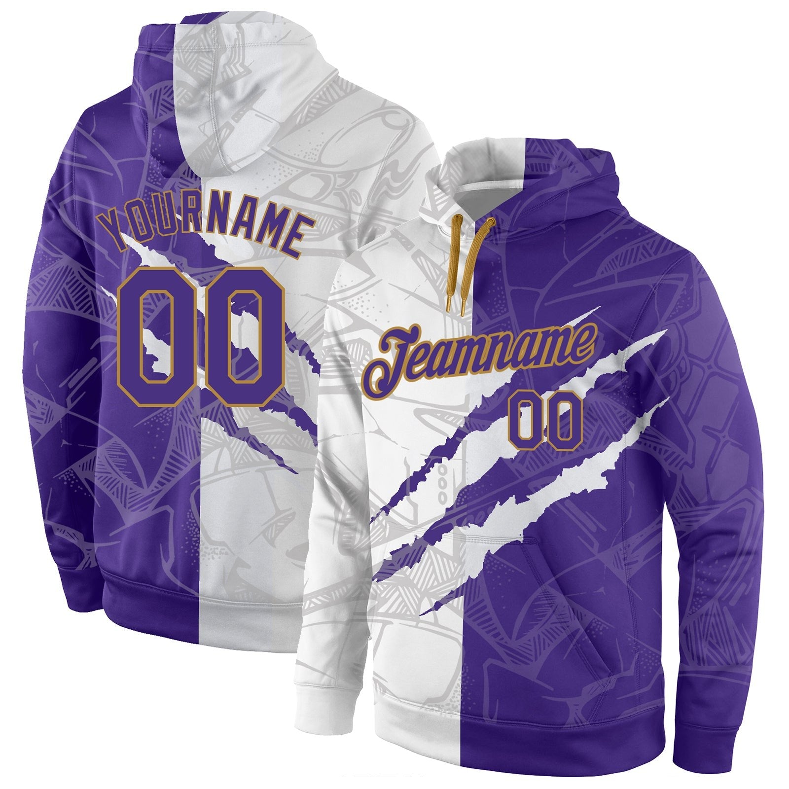 Custom Stitched Graffiti Pattern Purple-Old Gold 3D Sports Pullover Sweatshirt Hoodie photo 1