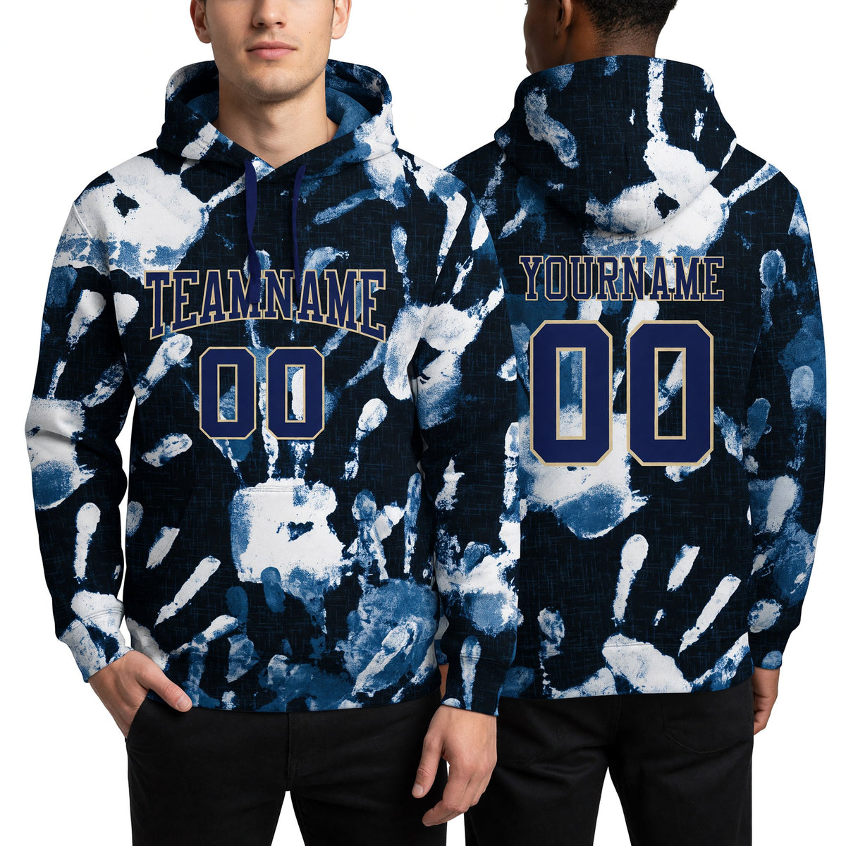Custom Stitched Graffiti Pattern Navy-Vegas Gold 3D Sports Pullover Sweatshirt Hoodie worn front and back