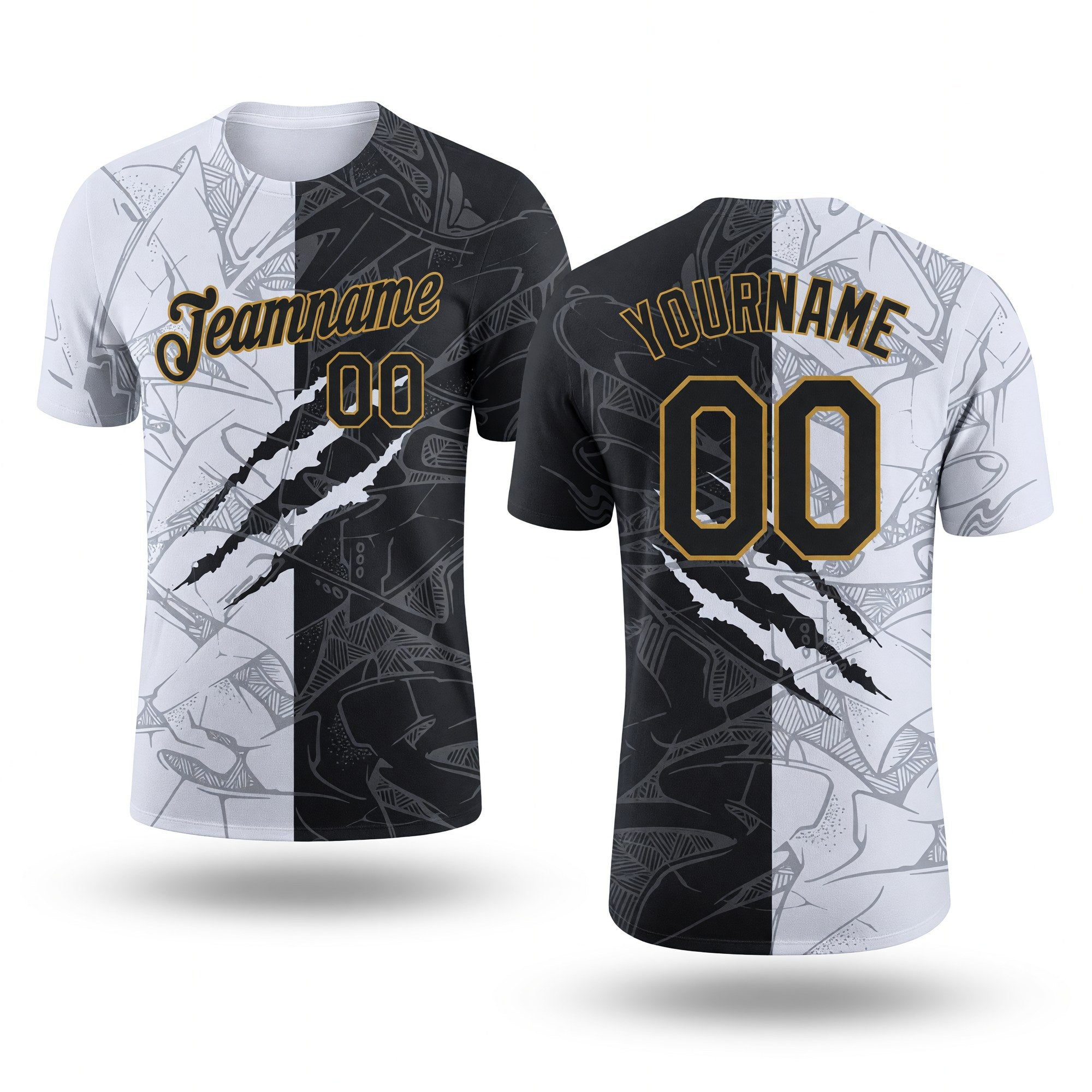 Custom Graffiti Pattern Black-Old Gold Scratch 3D Performance T-Shirt