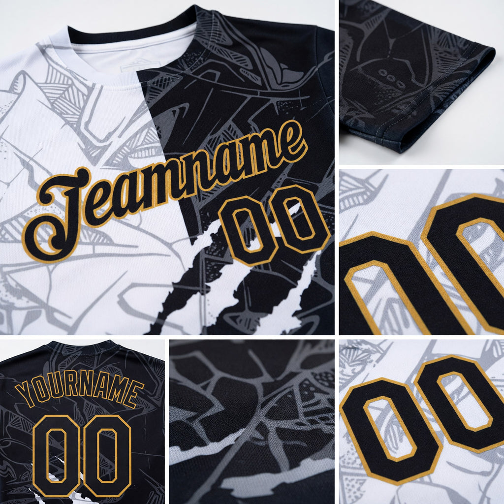 Custom Graffiti Pattern Black-Old Gold Scratch 3D Performance T-Shirt detail