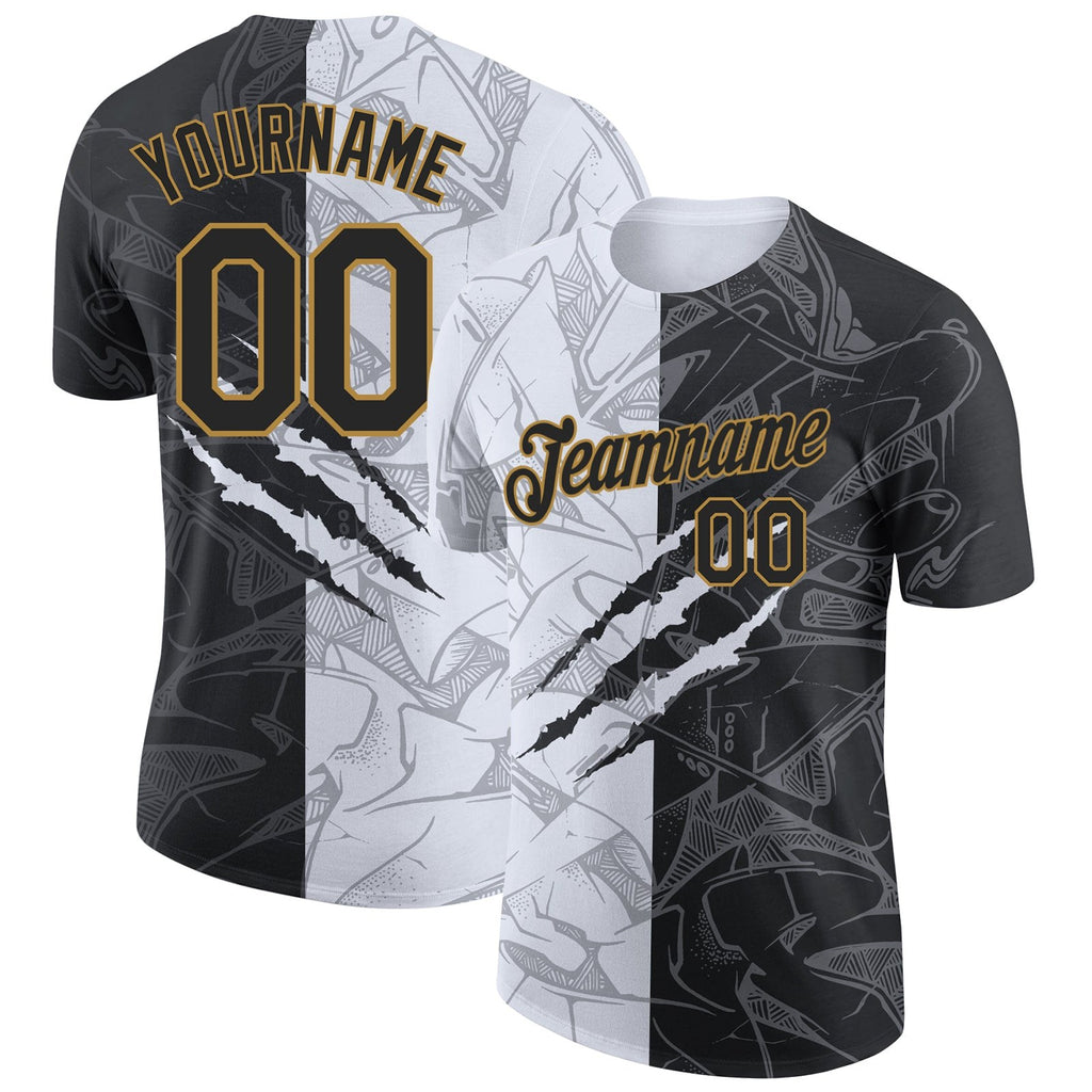 Custom Graffiti Pattern Black-Old Gold Scratch 3D Performance T-Shirt photo 1