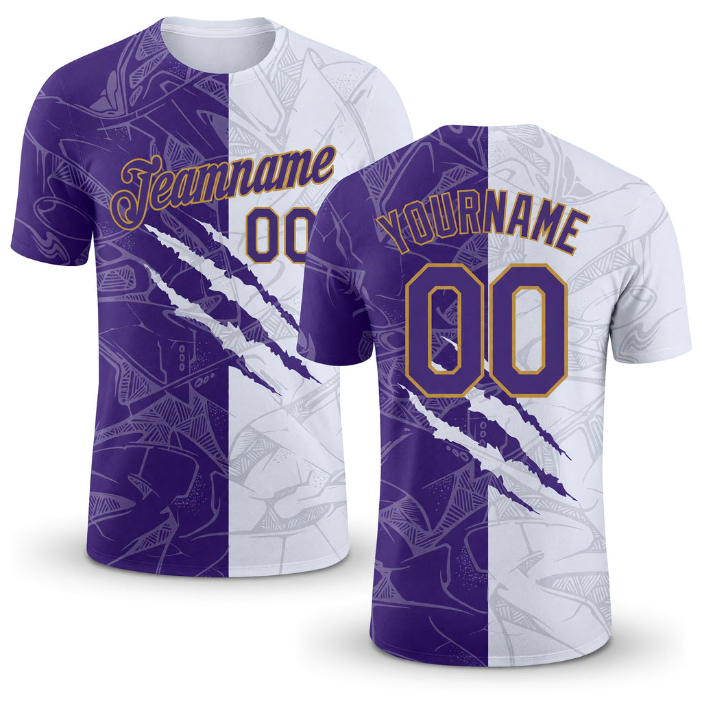 Custom Graffiti Pattern Purple-Old Gold 3D Performance T-Shirt