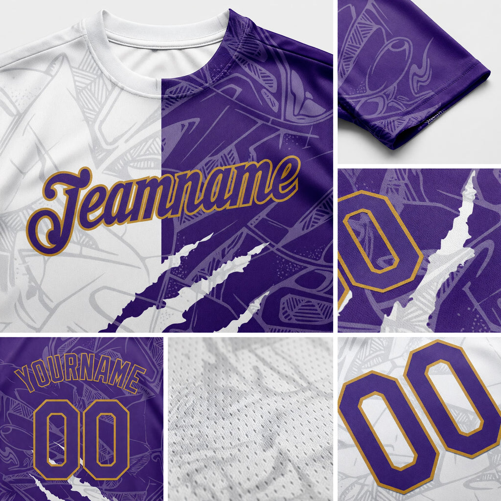 Custom Graffiti Pattern Purple-Old Gold 3D Performance T-Shirt detail