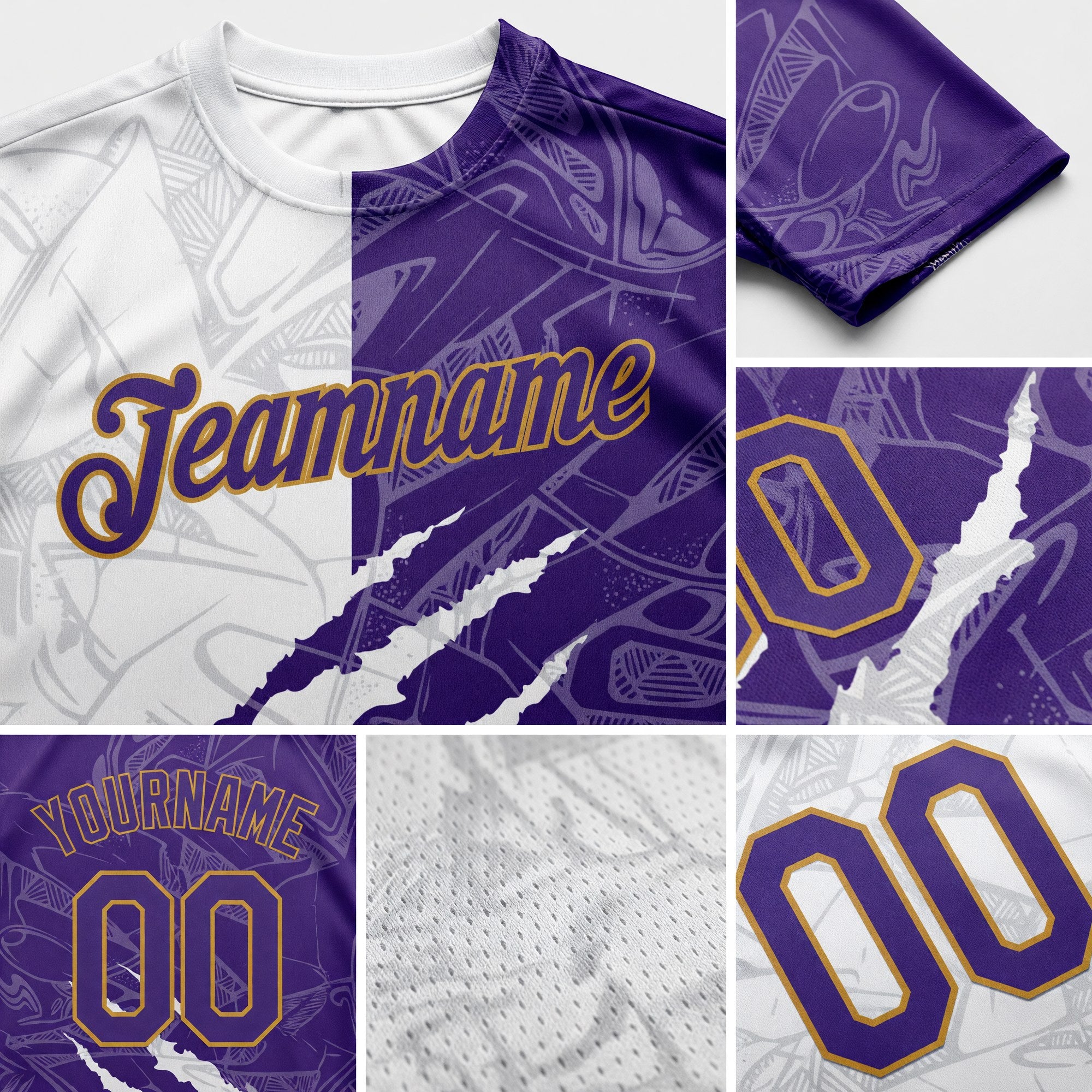 Custom Graffiti Pattern Purple-Old Gold 3D Performance T-Shirt detail
