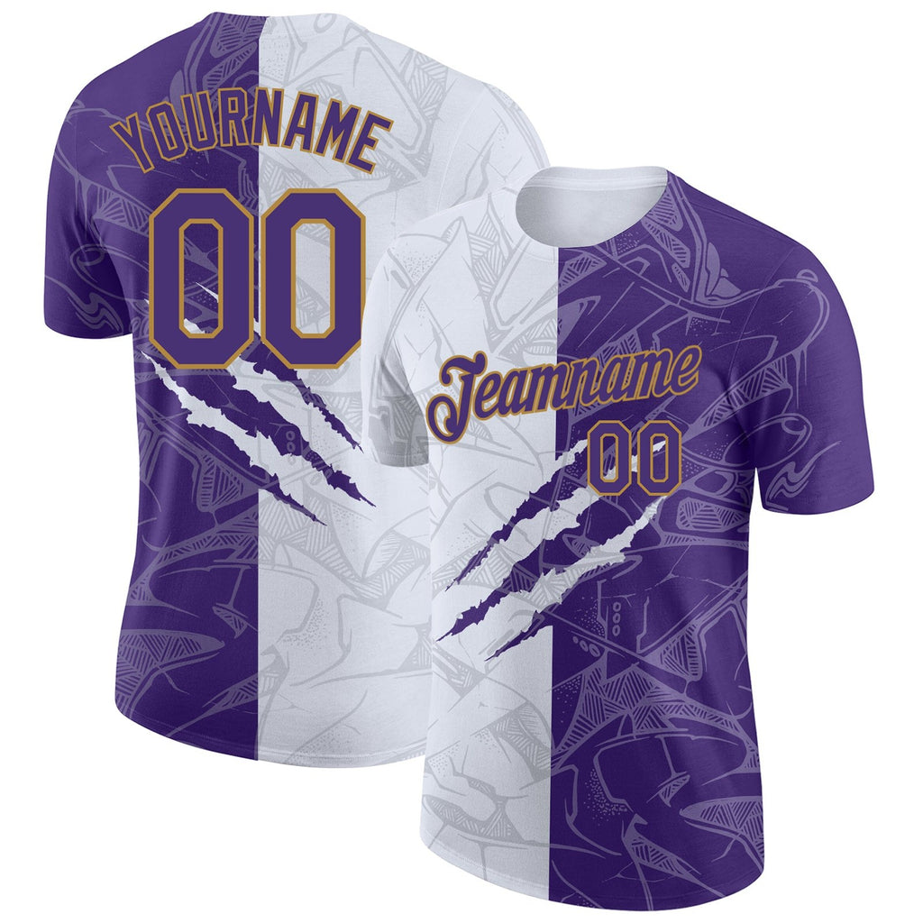 Custom Graffiti Pattern Purple-Old Gold 3D Performance T-Shirt photo 1