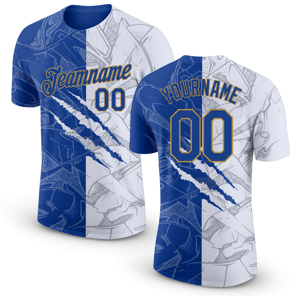 Custom Graffiti Pattern Royal-Old Gold Scratch 3D Performance T-Shirt