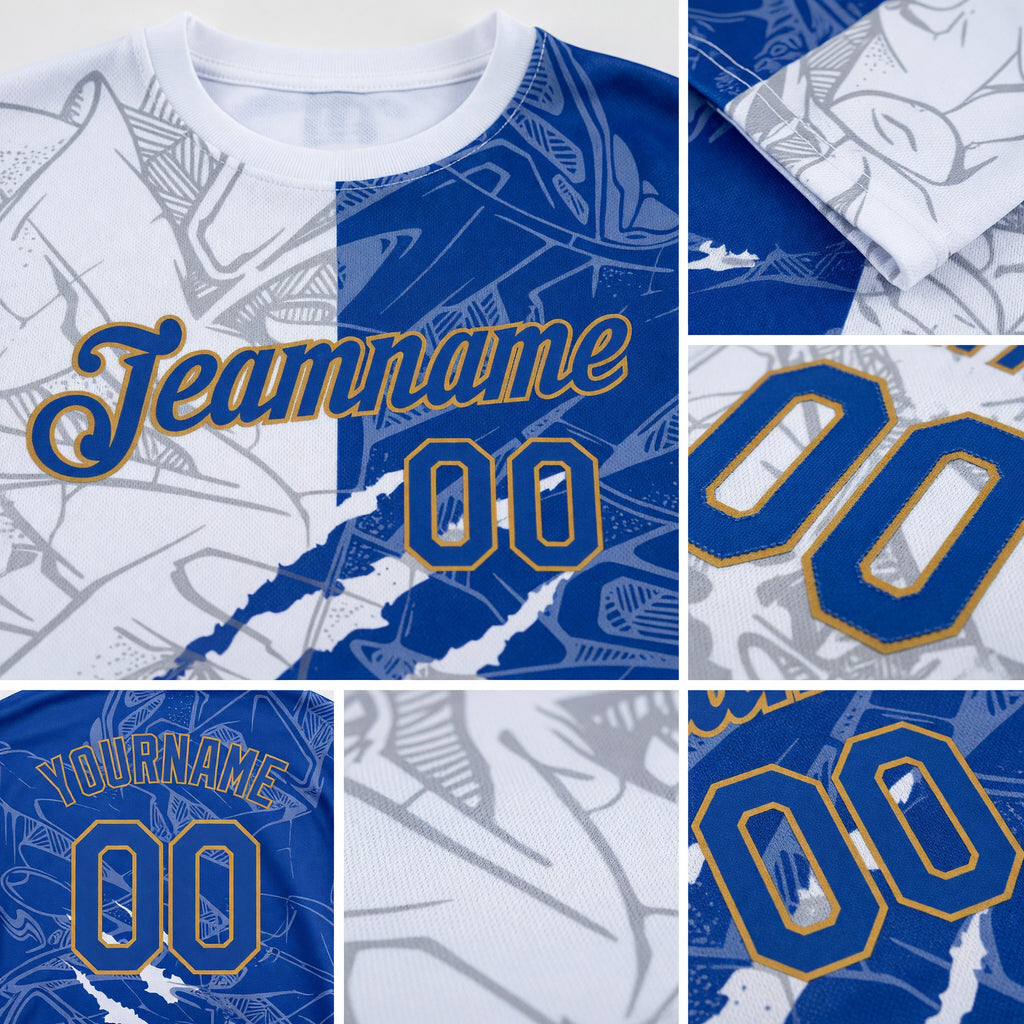 Custom Graffiti Pattern Royal-Old Gold Scratch 3D Performance T-Shirt detail