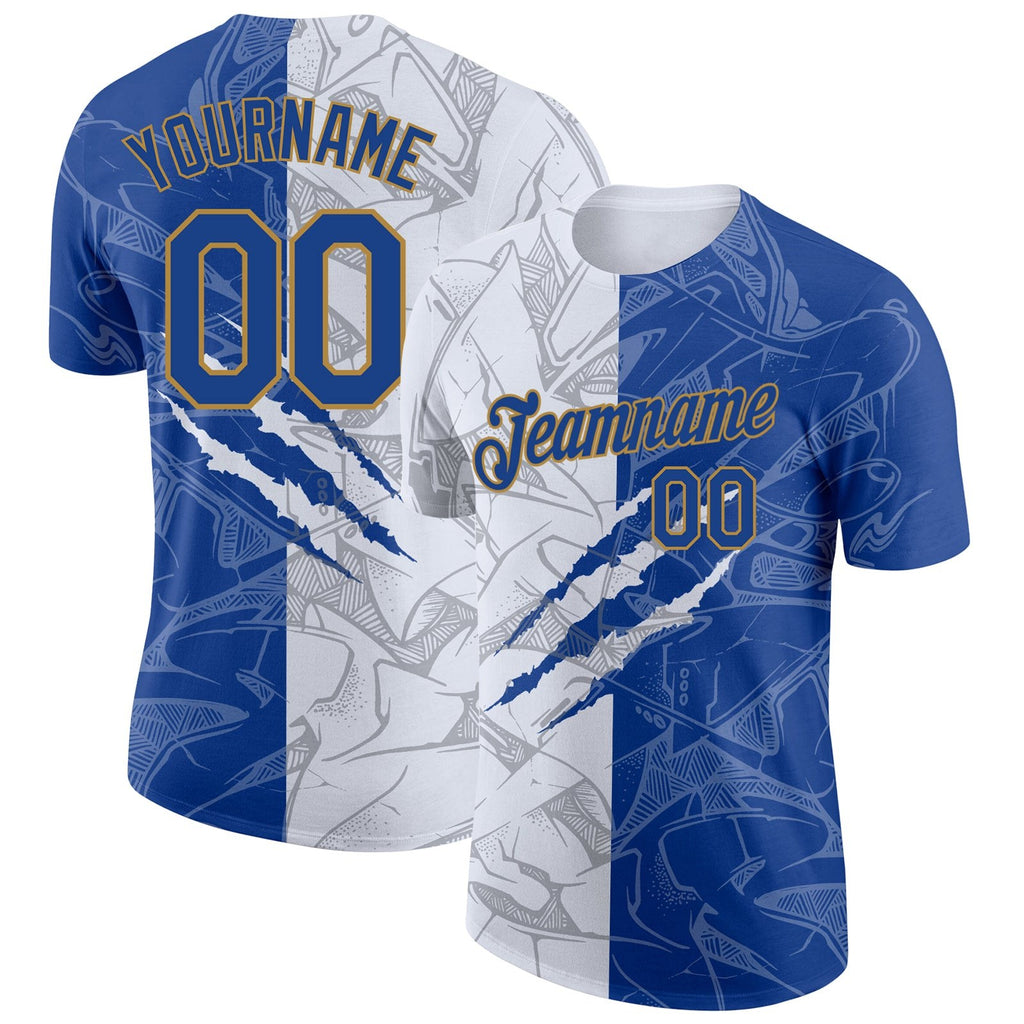 Custom Graffiti Pattern Royal-Old Gold Scratch 3D Performance T-Shirt photo 1