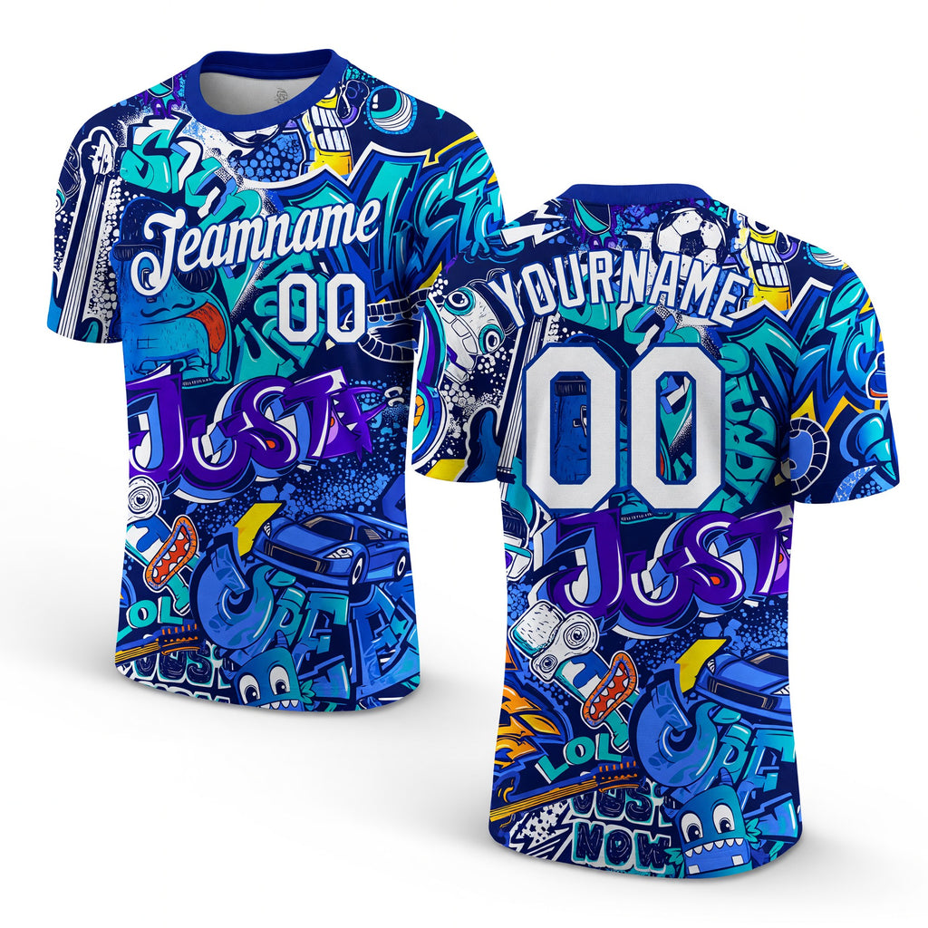 Custom Graffiti Pattern White-Royal 3D Performance T-Shirt