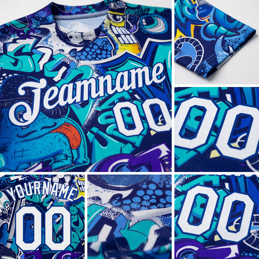 Custom Graffiti Pattern White-Royal 3D Performance T-Shirt detail