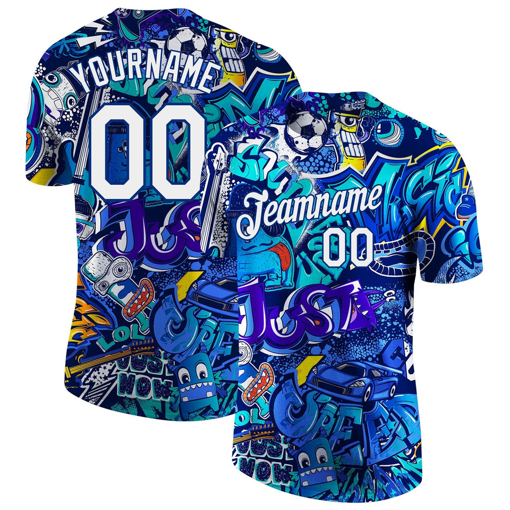 Custom Graffiti Pattern White-Royal 3D Performance T-Shirt photo 1