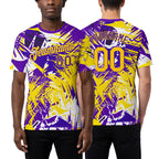 Custom Graffiti Pattern Gold-Purple 3D Performance T-Shirt worn front and back