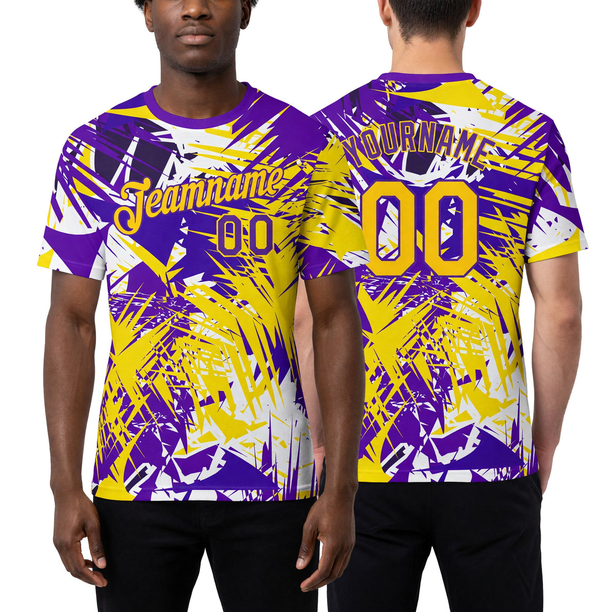 Custom Graffiti Pattern Gold-Purple 3D Performance T-Shirt worn front and back