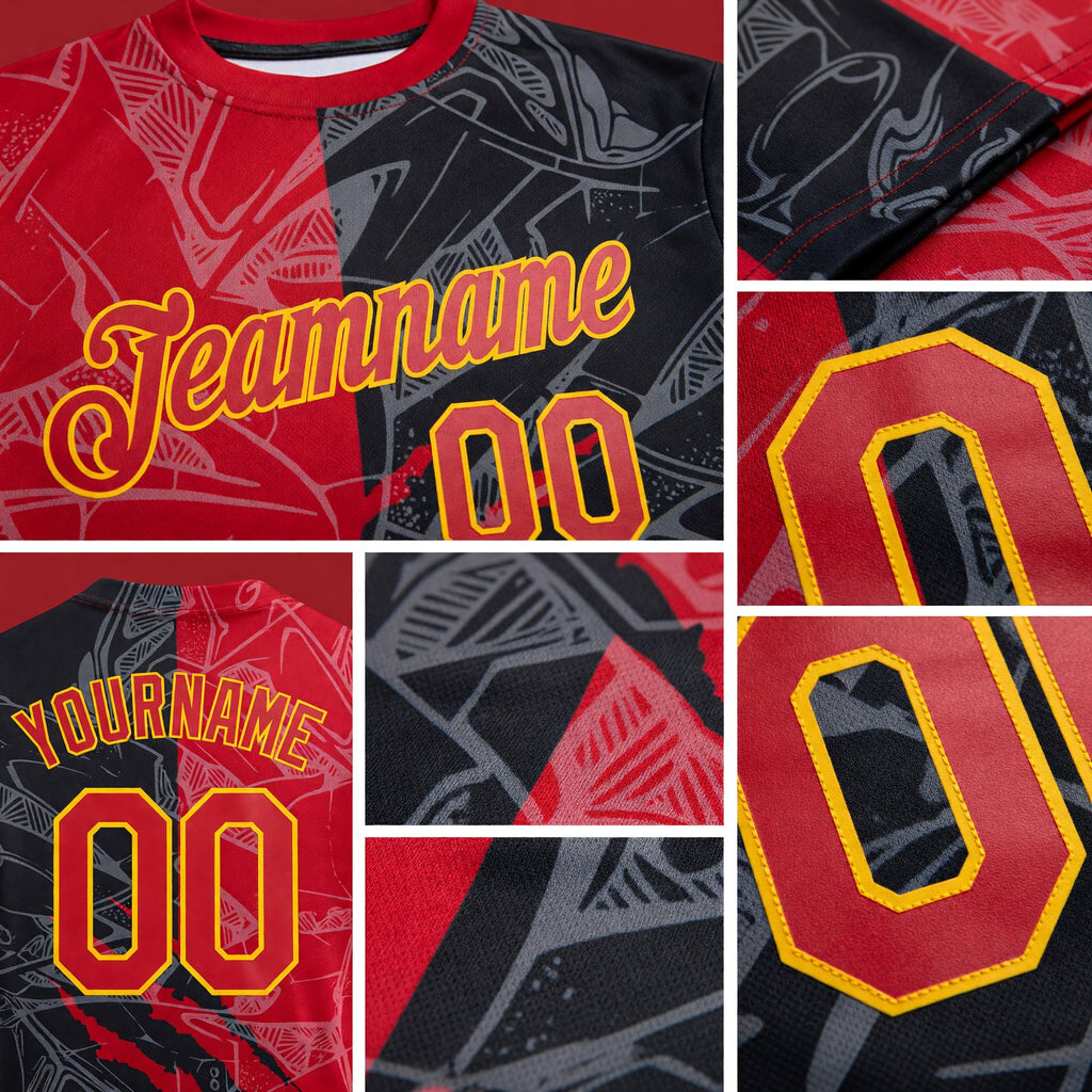 Custom Graffiti Pattern Red-Gold 3D Performance T-Shirt detail