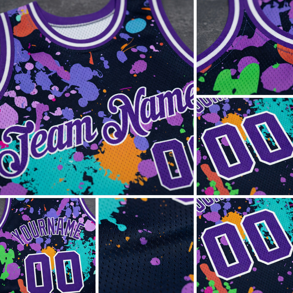 Custom Graffiti Pattern Purple-White 3D Splashes Authentic Basketball Jersey detail