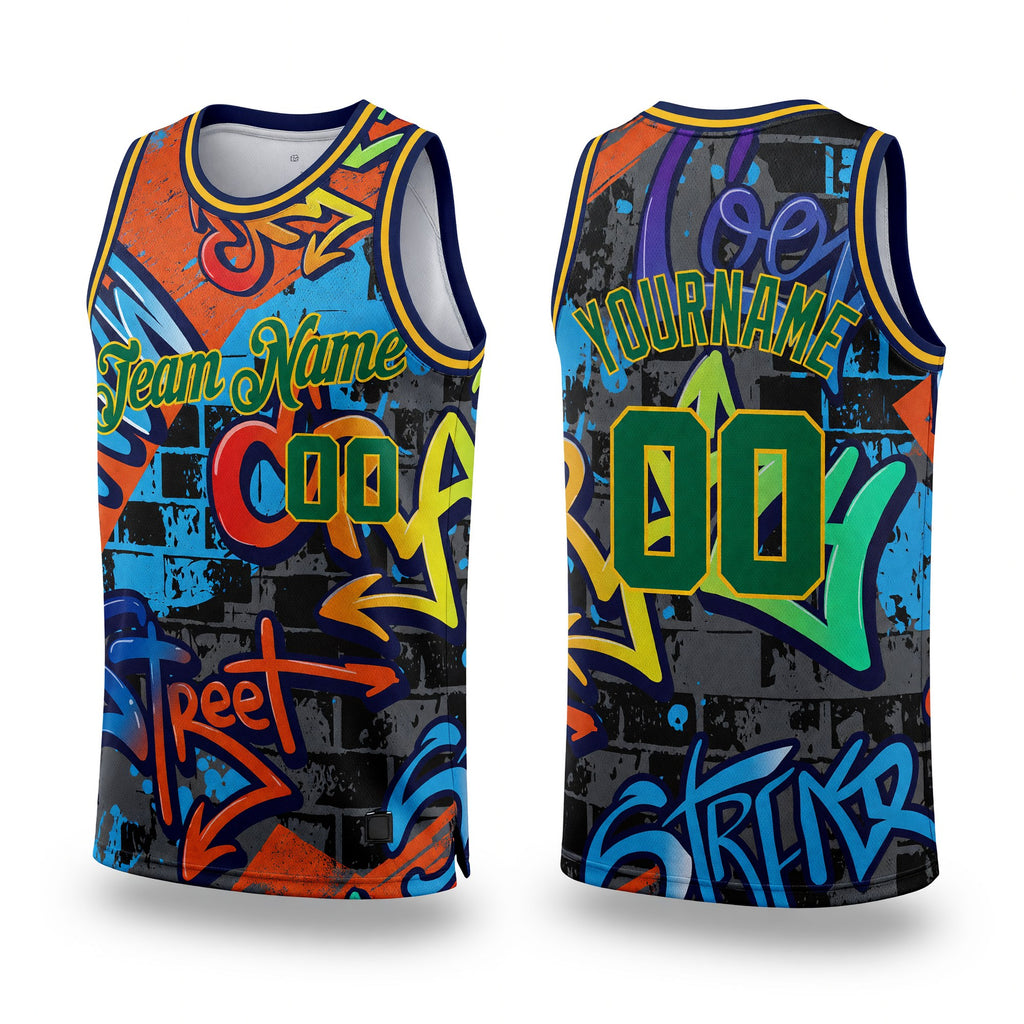 Custom Graffiti Pattern Kelly Green-Gold 3D Geometric Authentic Basketball Jersey