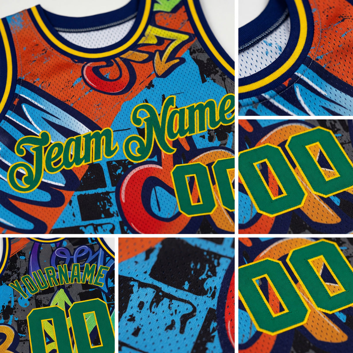 Custom Graffiti Pattern Kelly Green-Gold 3D Geometric Authentic Basketball Jersey detail