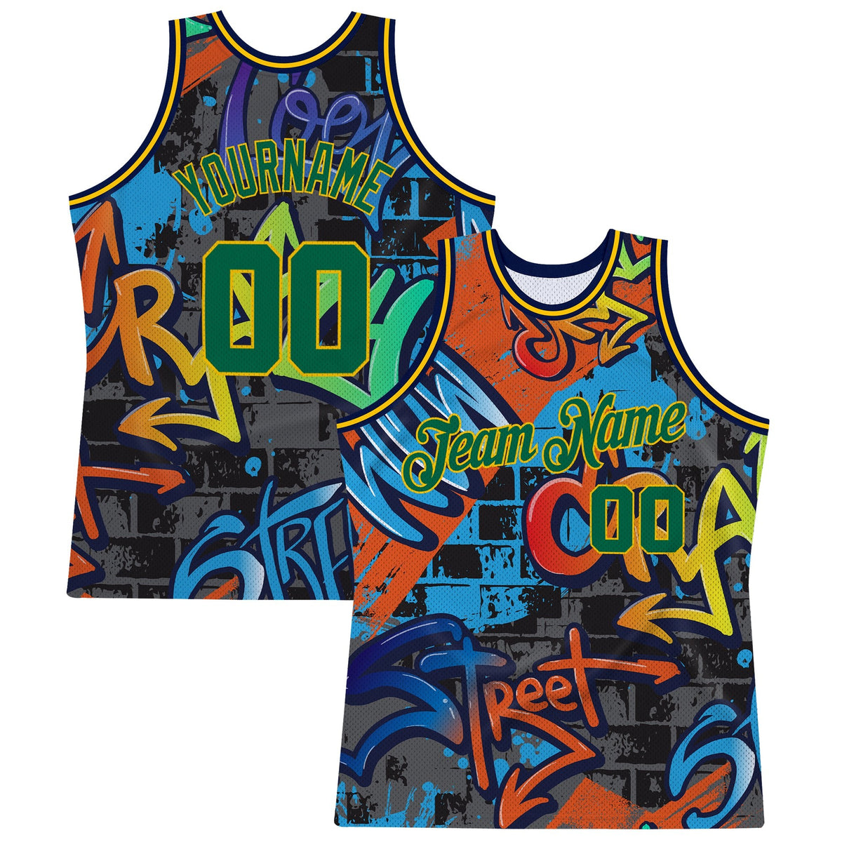 Custom Graffiti Pattern Kelly Green-Gold 3D Geometric Authentic Basketball Jersey photo 1